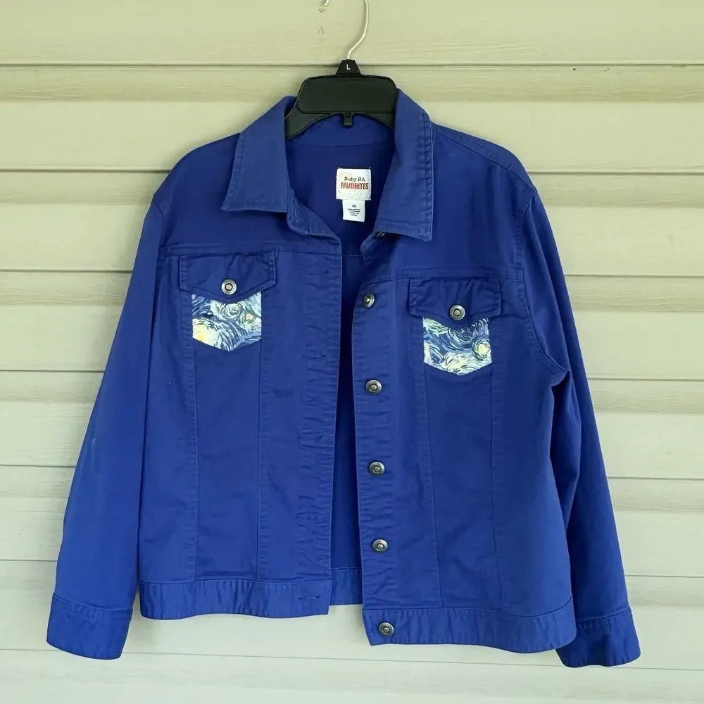 Royal Blue Upcycled Womens Jean Jacket Starry Night Size 10 Ruby Red